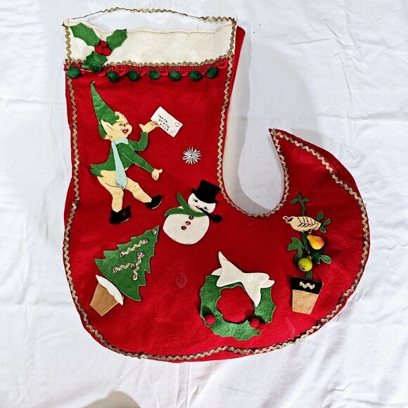 Vintage Large 22" Felt Pompoms Pixie Elf Christmas Stocking Tree Snowman 1960s - Picture 1 of 15
